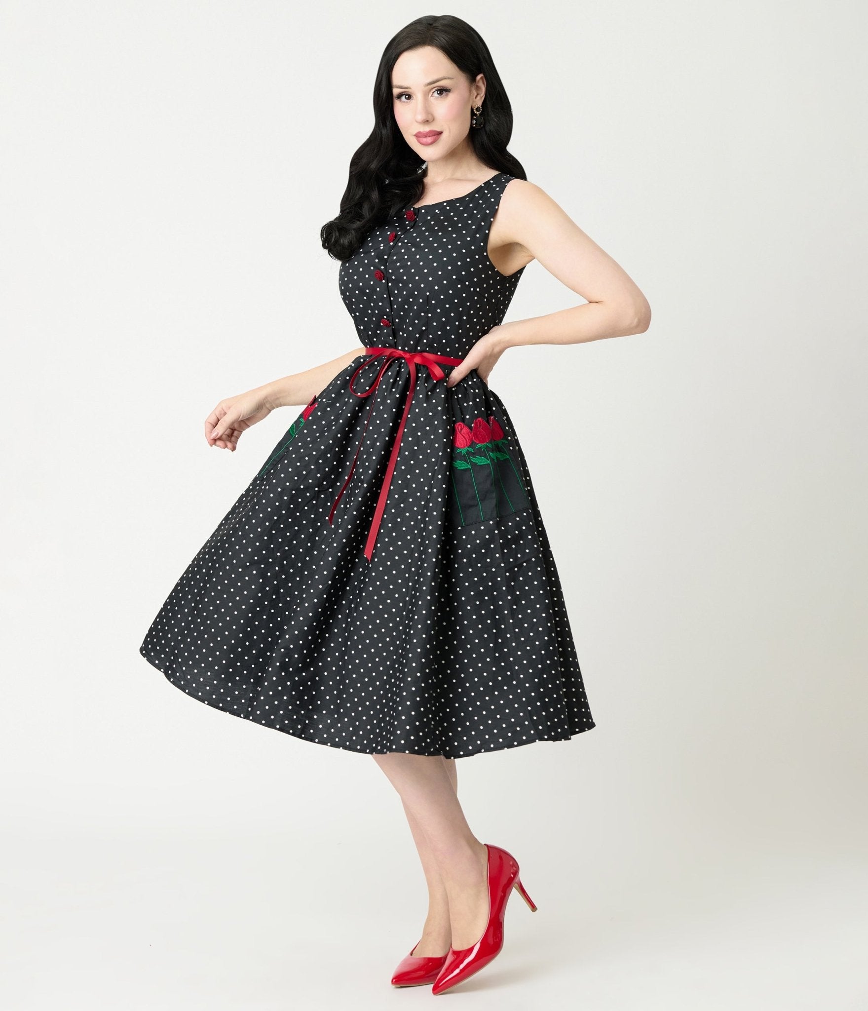 Smak Parlour Black Pin Dot Rose Sleeveless Swing Dress - Unique Vintage - Womens, DRESSES, SWING