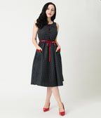 Smak Parlour Black Pin Dot Rose Sleeveless Swing Dress - Unique Vintage - Womens, DRESSES, SWING