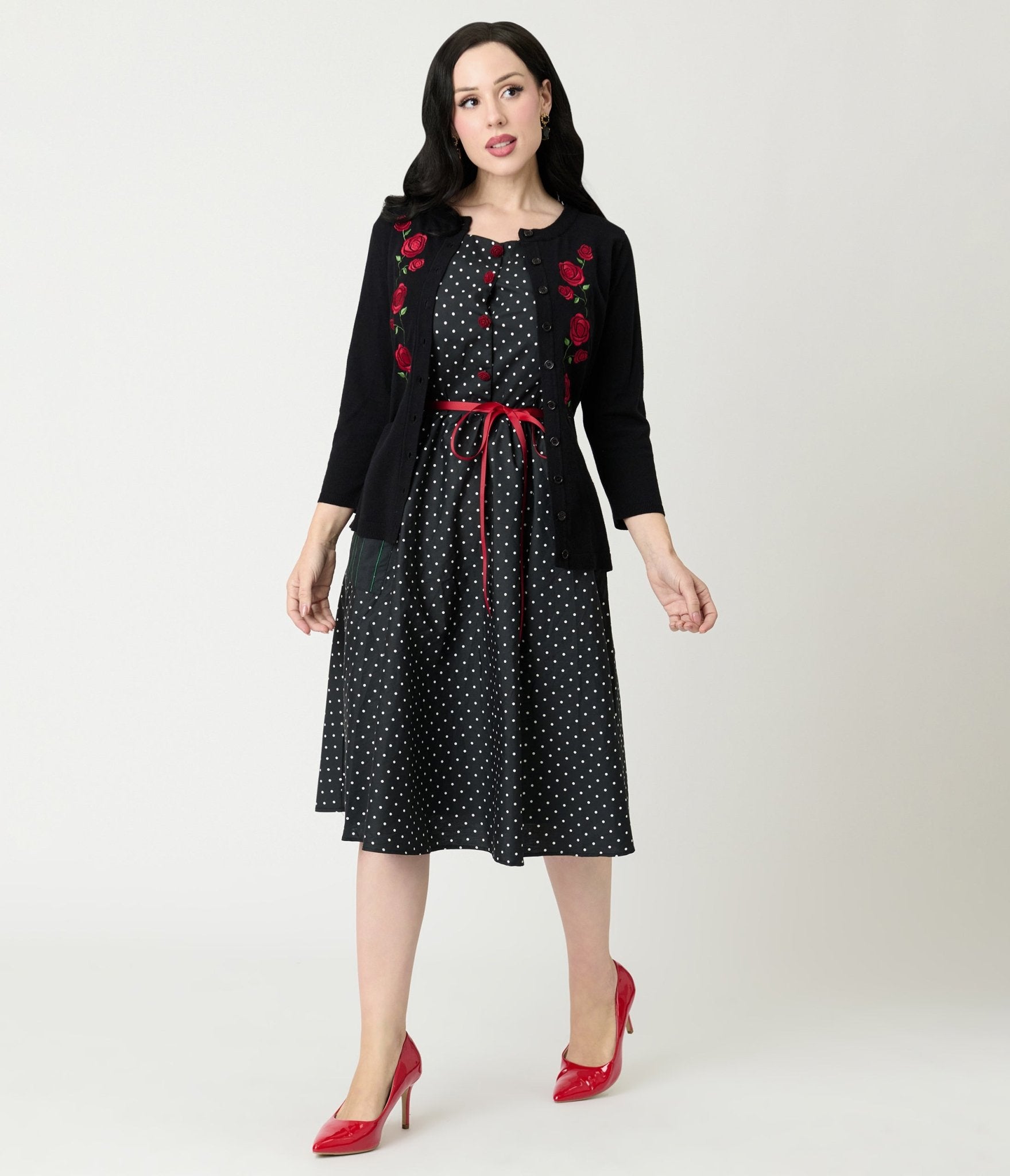 Smak Parlour Black Pin Dot Rose Sleeveless Swing Dress L/12-14