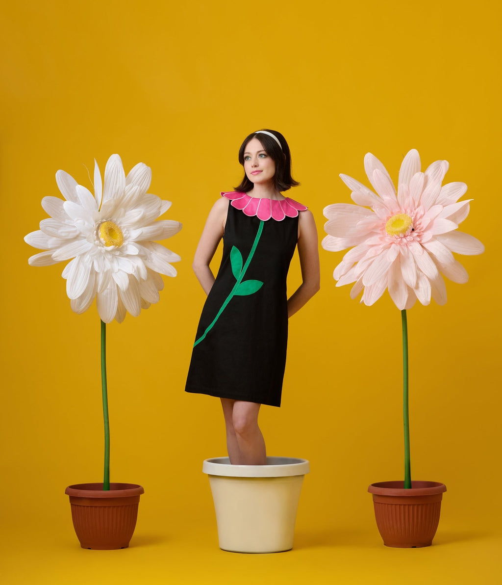 Smak Parlour Black & Pink Petal Collar Cotton Shift Dress - Unique Vintage - Womens, DRESSES, SHIFTS