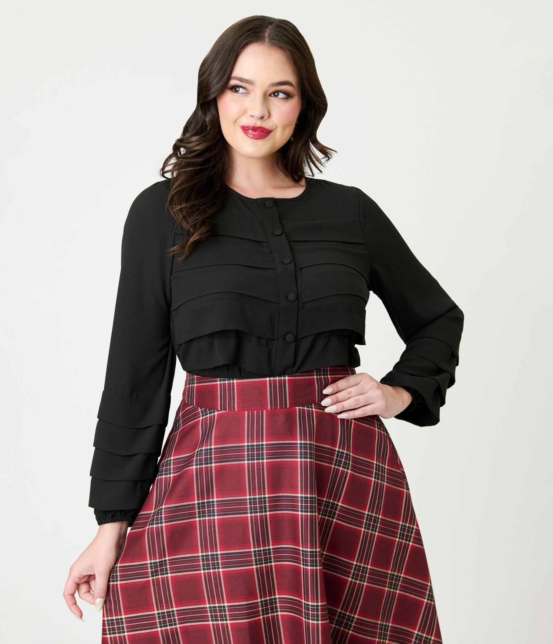 Smak Parlour Black Pleated Front Blouse - Unique Vintage - Womens, TOPS, WOVEN TOPS
