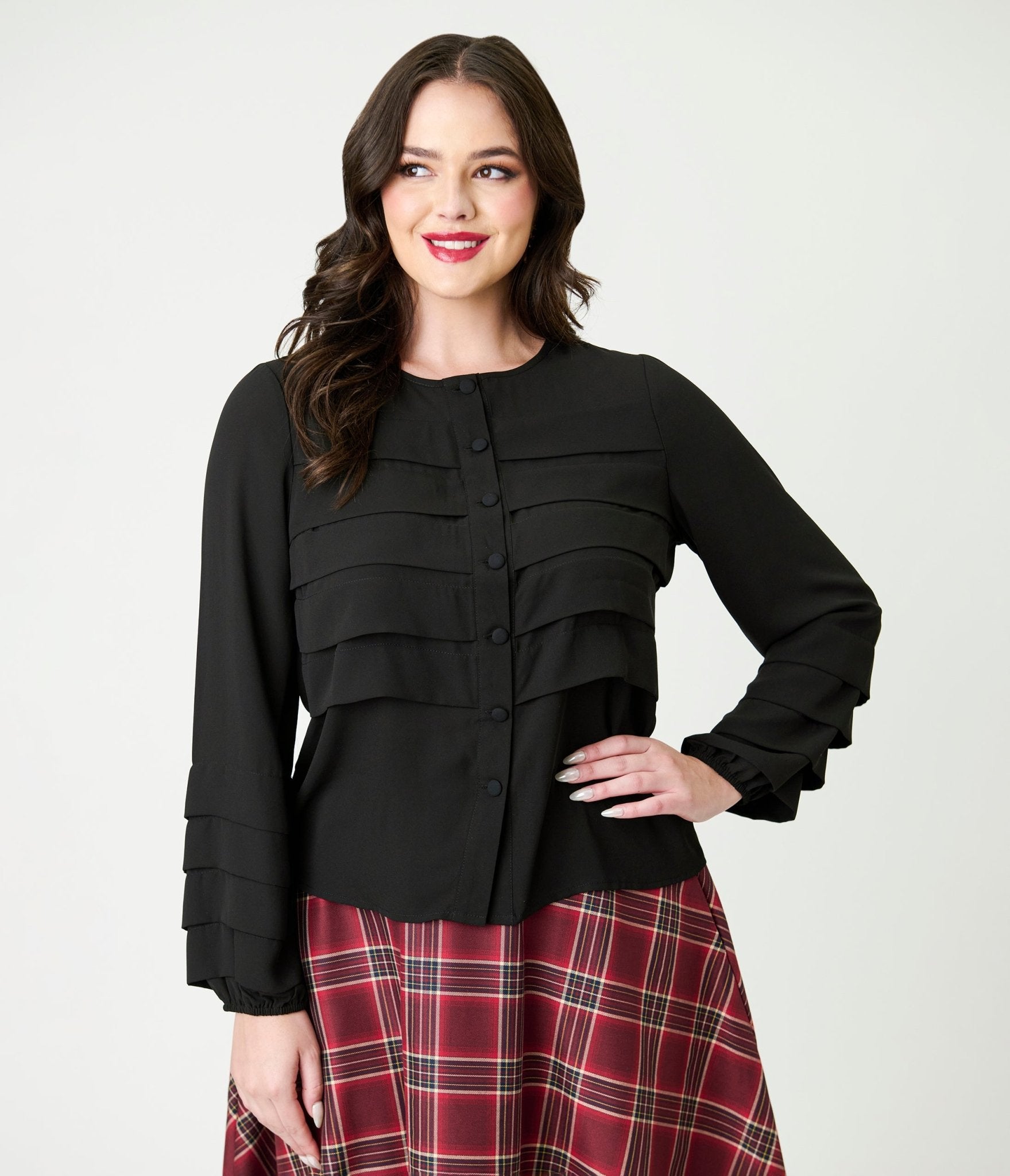 Smak Parlour Black Pleated Front Blouse - Unique Vintage - Womens, TOPS, WOVEN TOPS