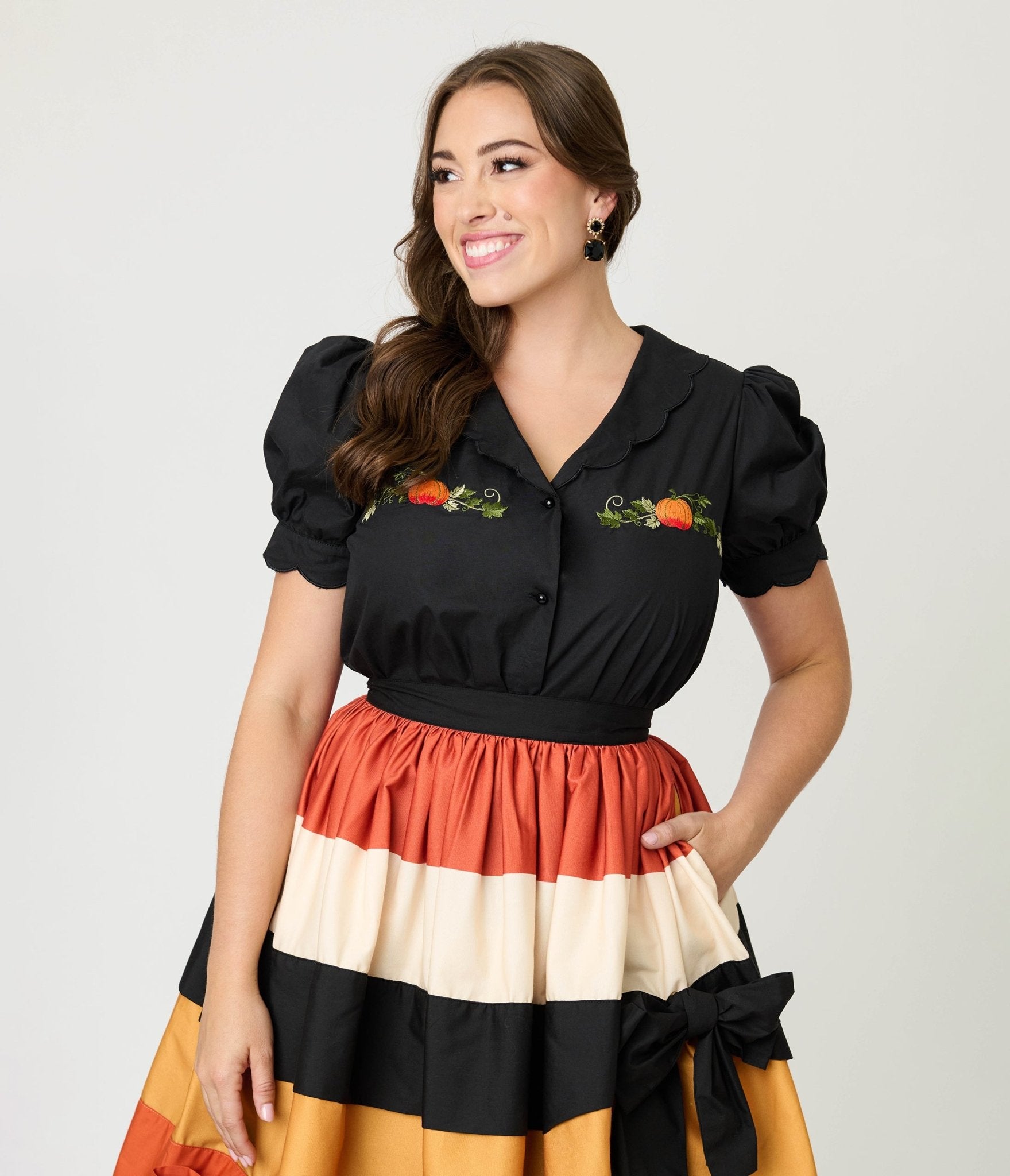 Smak Parlour Black & Pumpkin Embroidery Puff Sleeve Top - Unique Vintage - Womens, TOPS, WOVEN TOPS