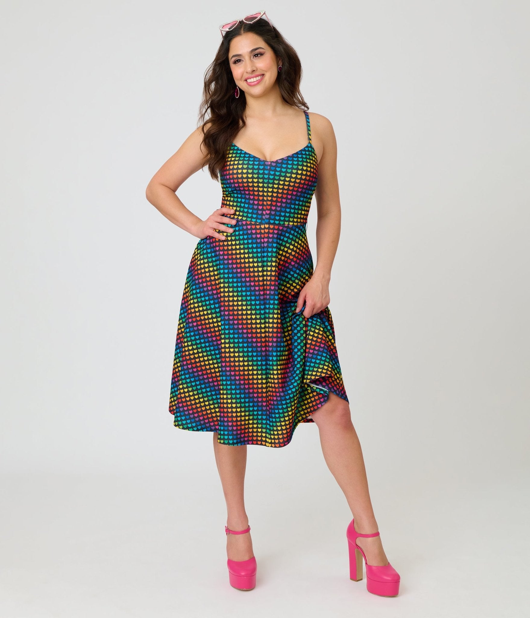 Smak Parlour Black & Rainbow Heart Chevron Midi Dress - Unique Vintage - Womens, DRESSES, MIDI