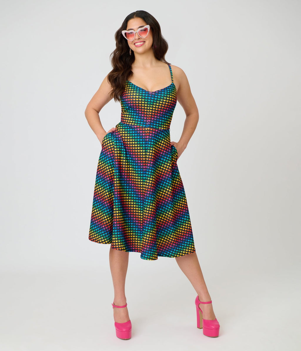 Smak Parlour Black & Rainbow Heart Chevron Midi Dress XL/14-16