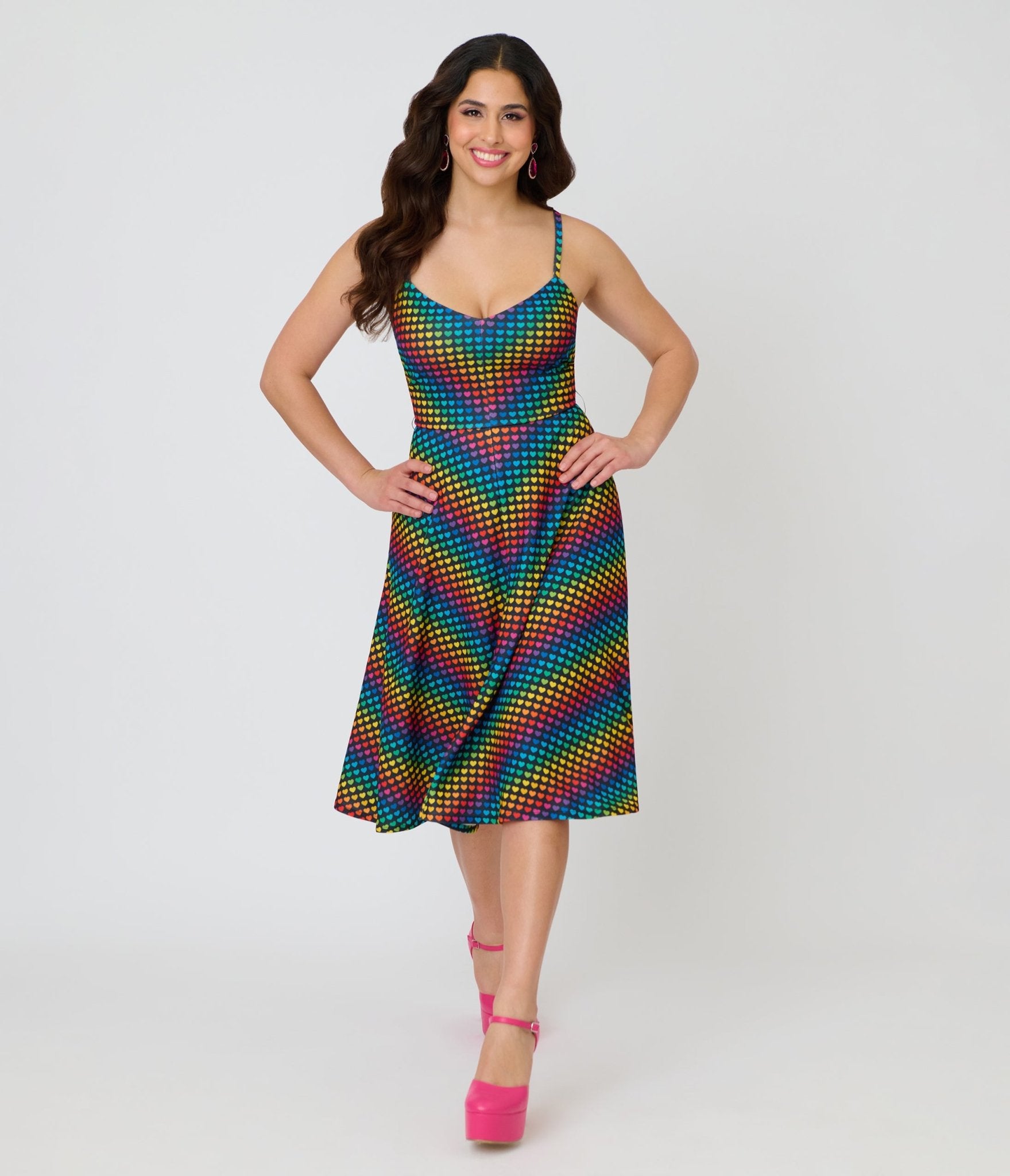 Smak Parlour Black & Rainbow Heart Chevron Midi Dress - Unique Vintage - Womens, DRESSES, MIDI