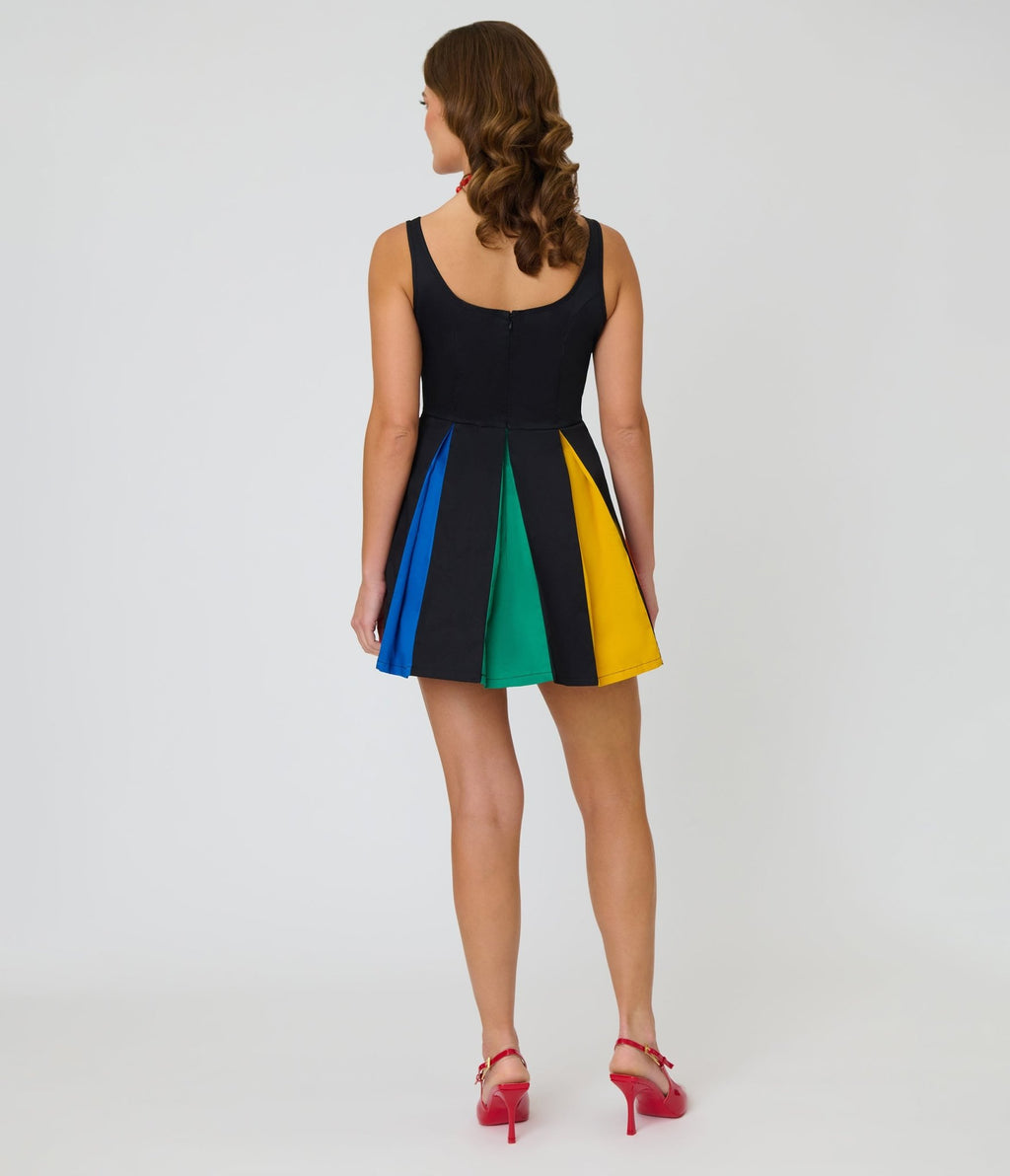 Smak Parlour Black & Rainbow Pleated Skirted Romper - Unique Vintage - Womens, BOTTOMS, ROMPERS AND JUMPSUITS