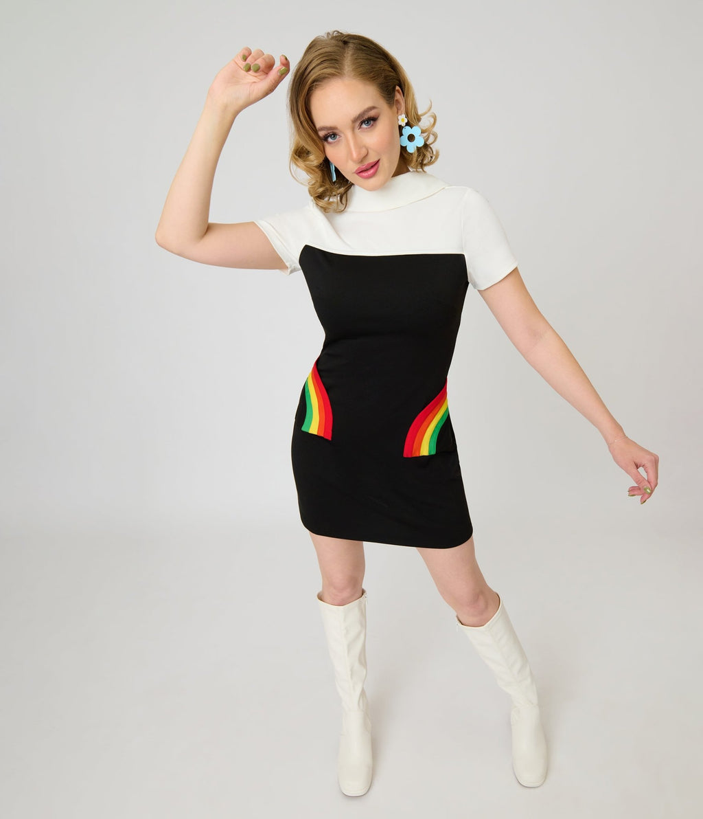 Smak Parlour Black & Rainbow Pockets Shift Dress - Unique Vintage - Womens, DRESSES, SHIFTS