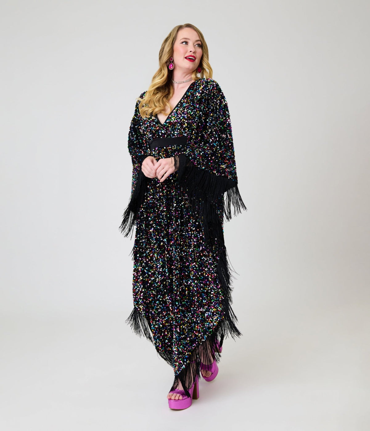 Smak Parlour Black & Rainbow Sequin Fringe Angela Caftan Dress - Unique Vintage - Caftans