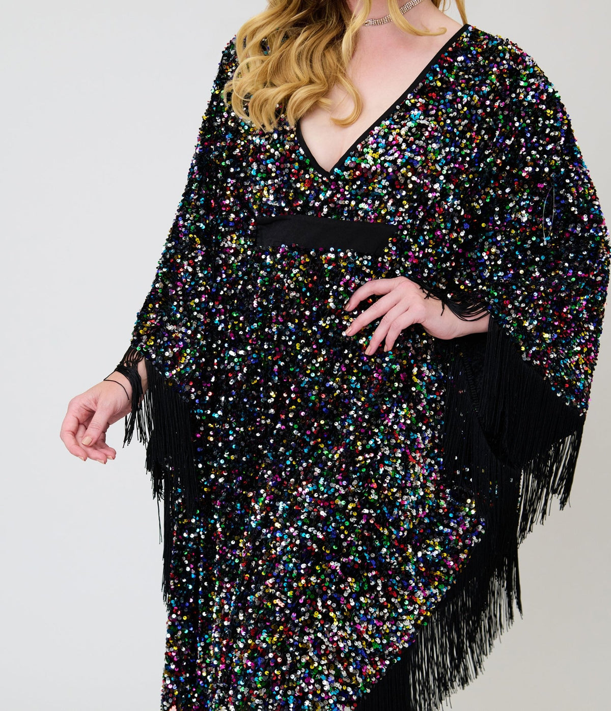 Smak Parlour Black & Rainbow Sequin Fringe Angela Caftan Dress - Unique Vintage - Caftans