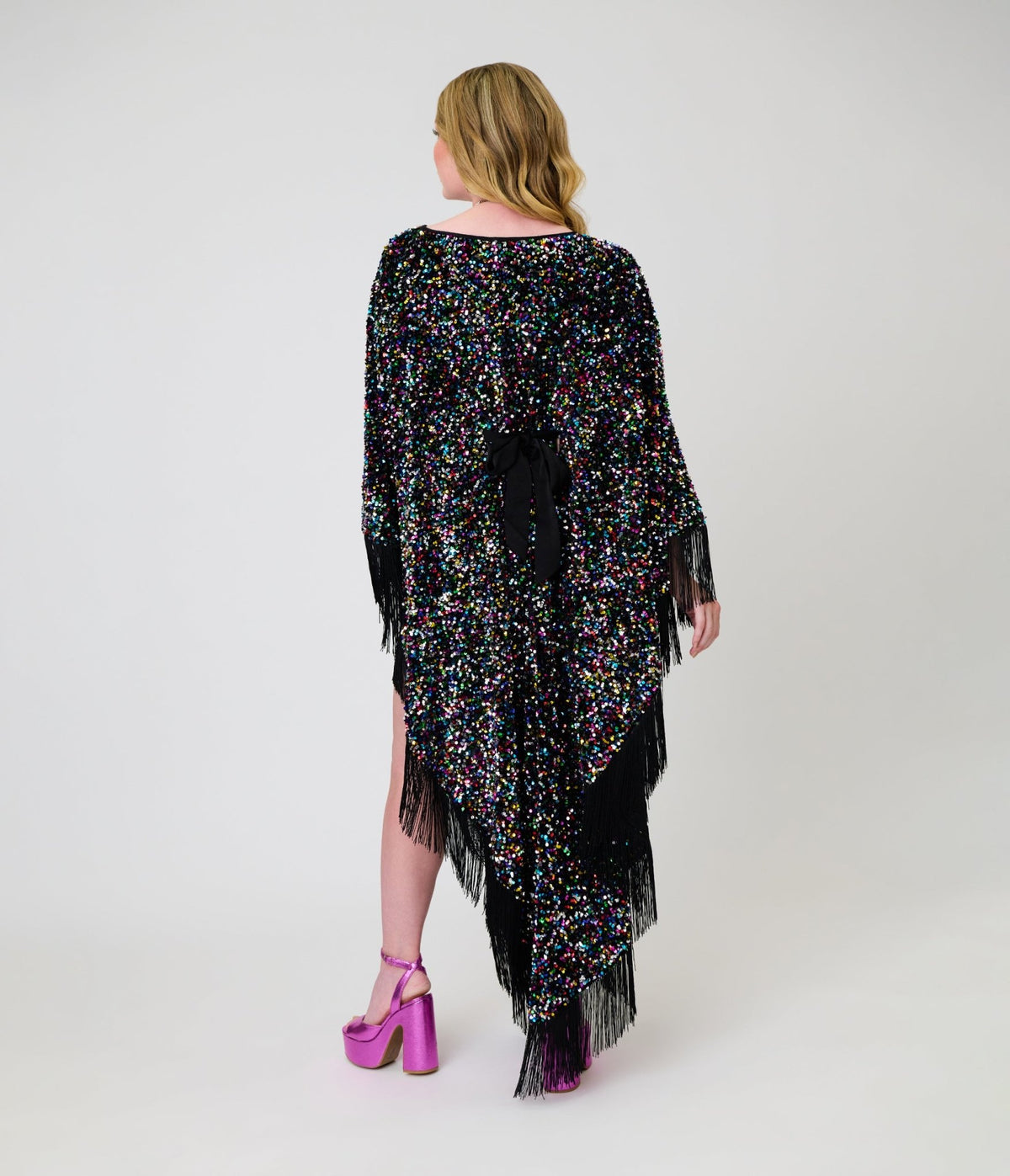 Smak Parlour Black & Rainbow Sequin Fringe Angela Caftan Dress - Unique Vintage - Caftans
