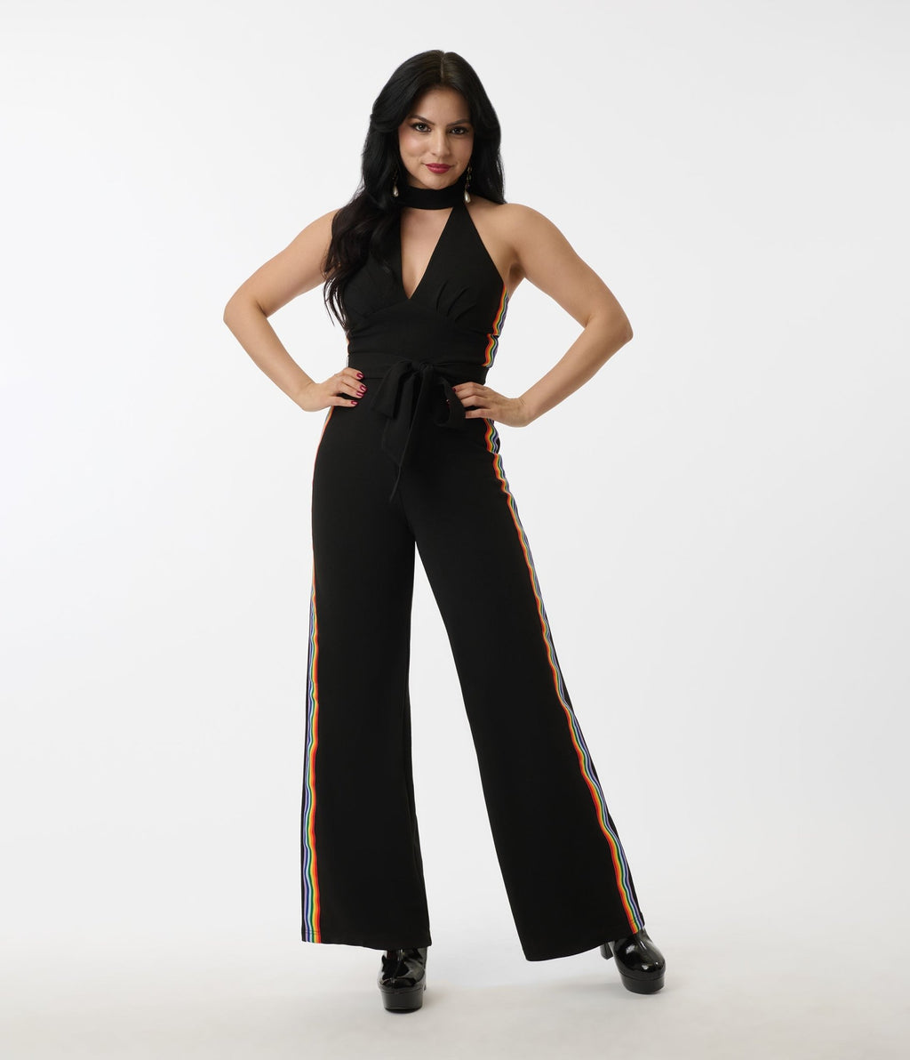 Smak Parlour Black Rainbow Stripe Glamour Goddess Jumpsuit - Unique Vintage - Womens, BOTTOMS, ROMPERS AND JUMPSUITS