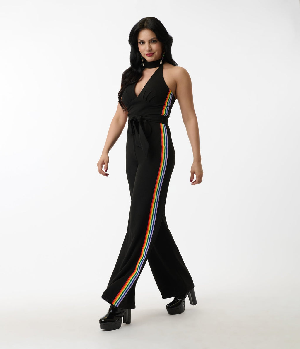 Smak Parlour Black Rainbow Stripe Glamour Goddess Jumpsuit - Unique Vintage - Womens, BOTTOMS, ROMPERS AND JUMPSUITS