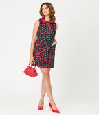 Smak Parlour Black & Red Cherry Cotton Shift Dress - Unique Vintage - Womens, DRESSES, A - LINE