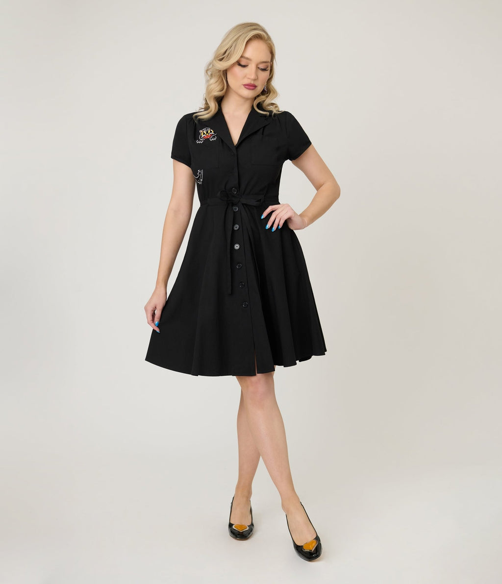 Smak Parlour Black Scaredy Cat Cotton Fit & Flare Dress - Unique Vintage - Womens, DRESSES, FIT AND FLARE