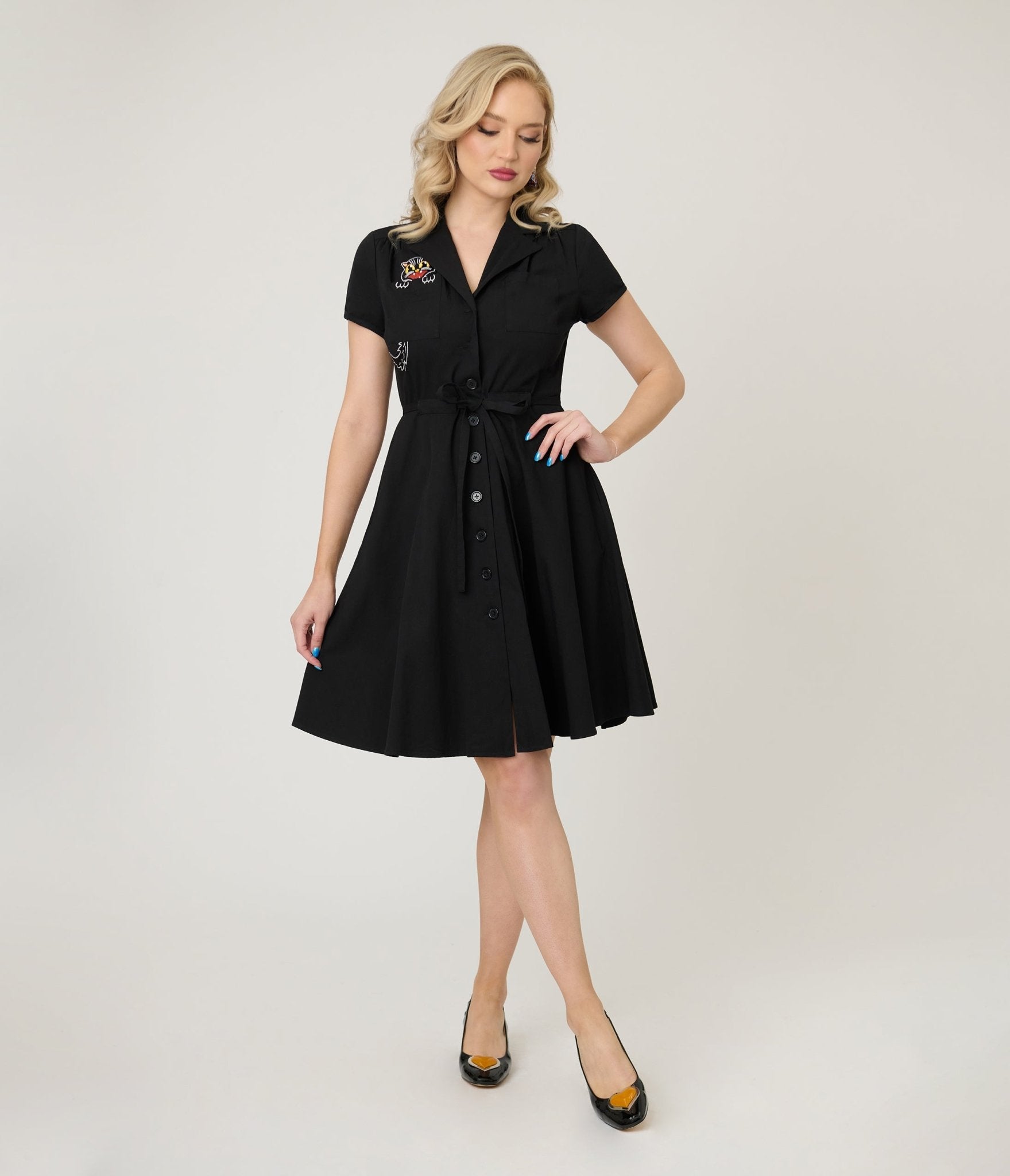 Smak Parlour Black Scaredy Cat Cotton Fit & Flare Dress - Unique Vintage - Womens, DRESSES, FIT AND FLARE