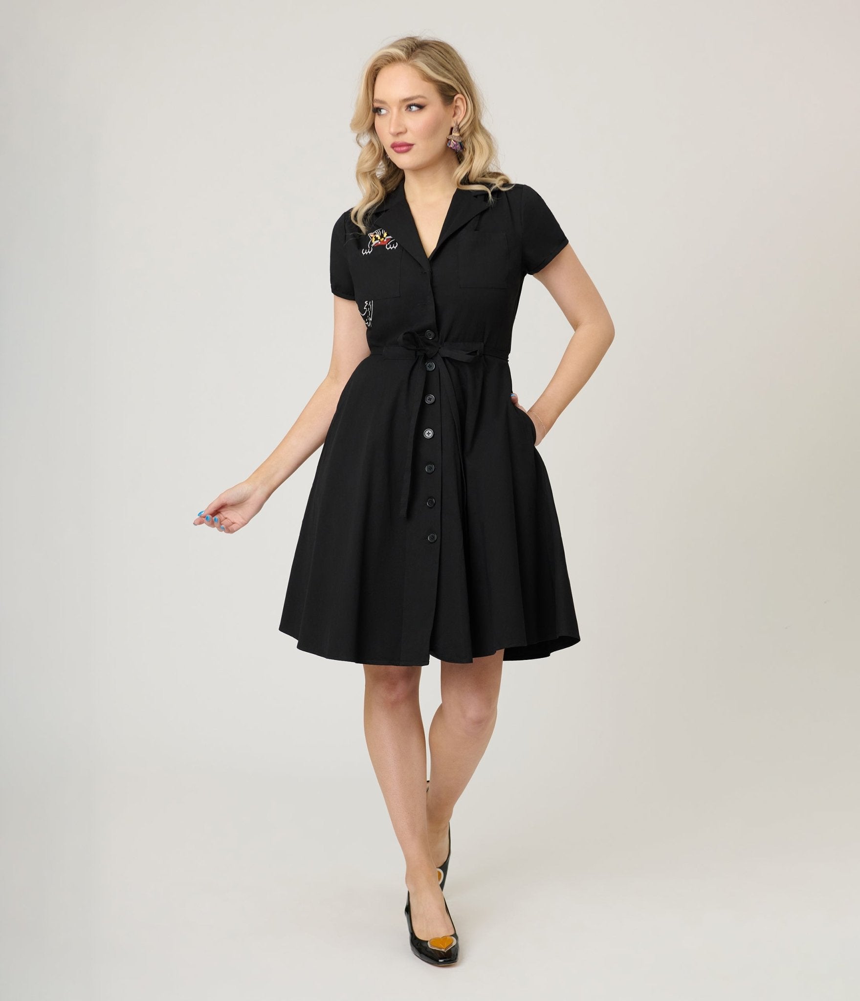Smak Parlour Black Scaredy Cat Cotton Fit & Flare Dress - Unique Vintage - Womens, DRESSES, FIT AND FLARE