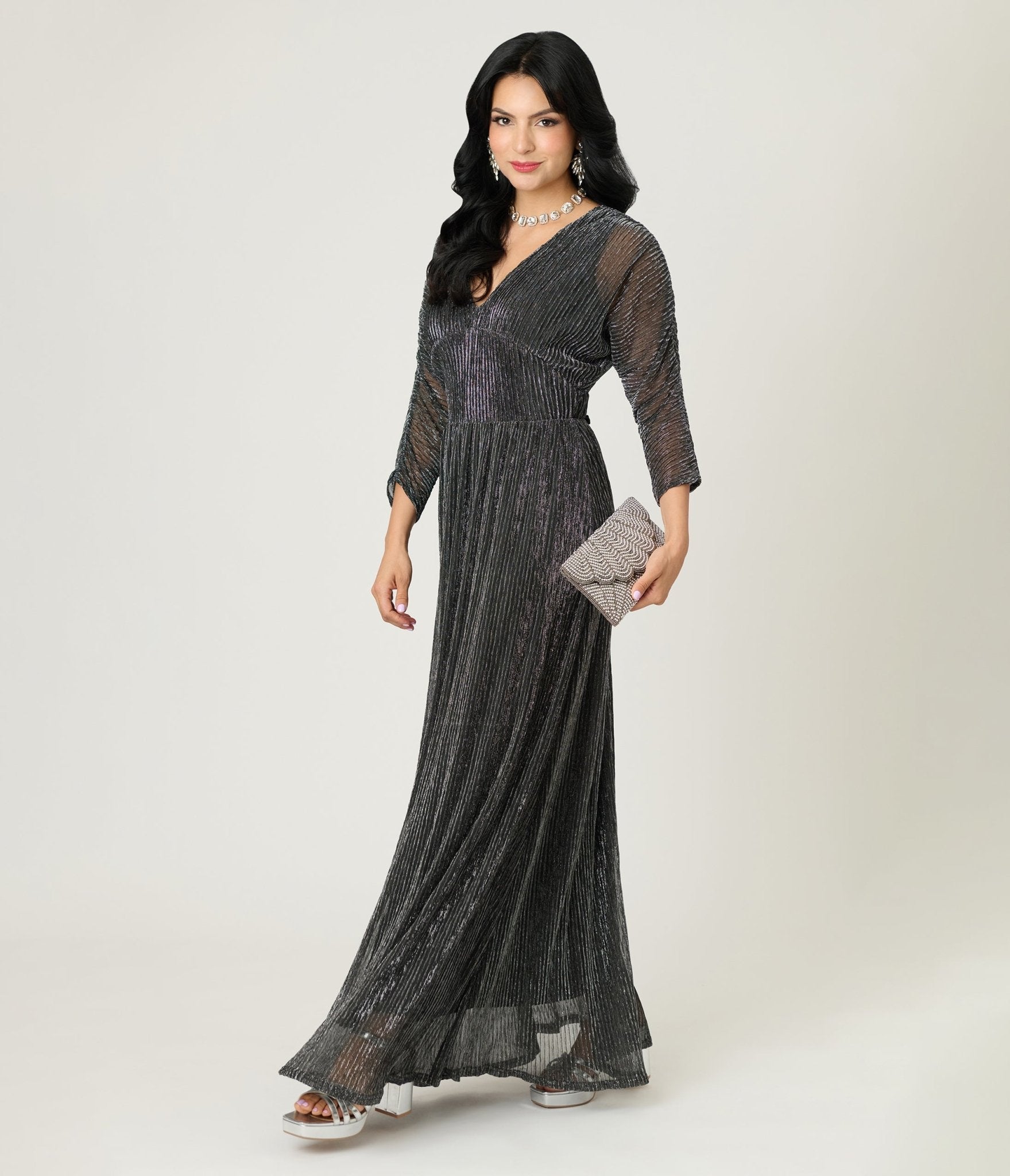Smak Parlour Black & Silver Shimmer Maxi Dress - Unique Vintage - Womens, DRESSES, MAXI