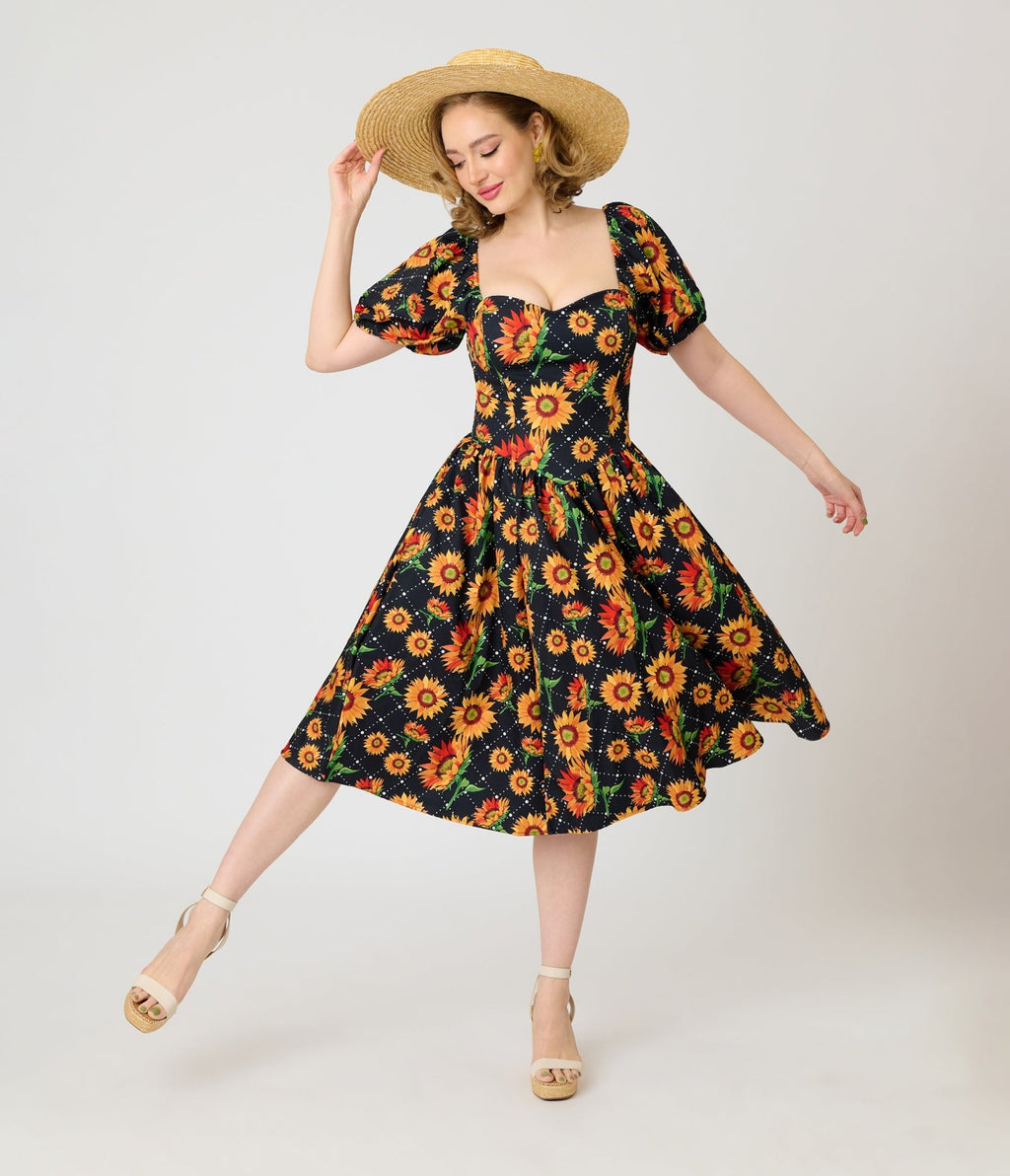 Smak Parlour Black & Sunflower Sweetheart Swing Dress - Unique Vintage - Womens, DRESSES, SWING