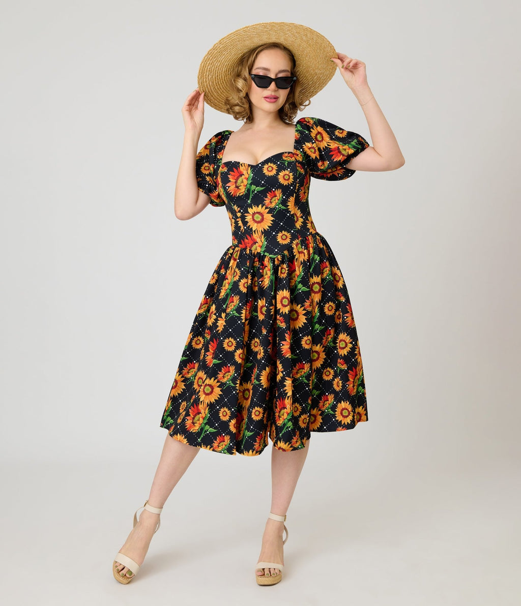 black sunflower dress Plus Size Casual V Neck Ruffle this dress is both chic and feminine TIYOMI Plus Size Black Sunflower