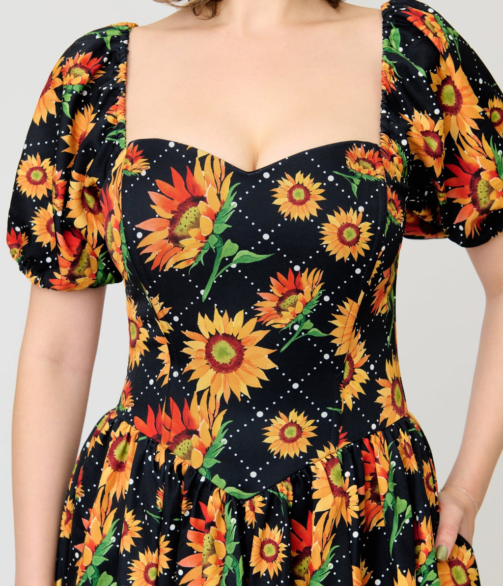 Smak Parlour Black & Sunflower Sweetheart Swing Dress - Unique Vintage - Womens, DRESSES, SWING