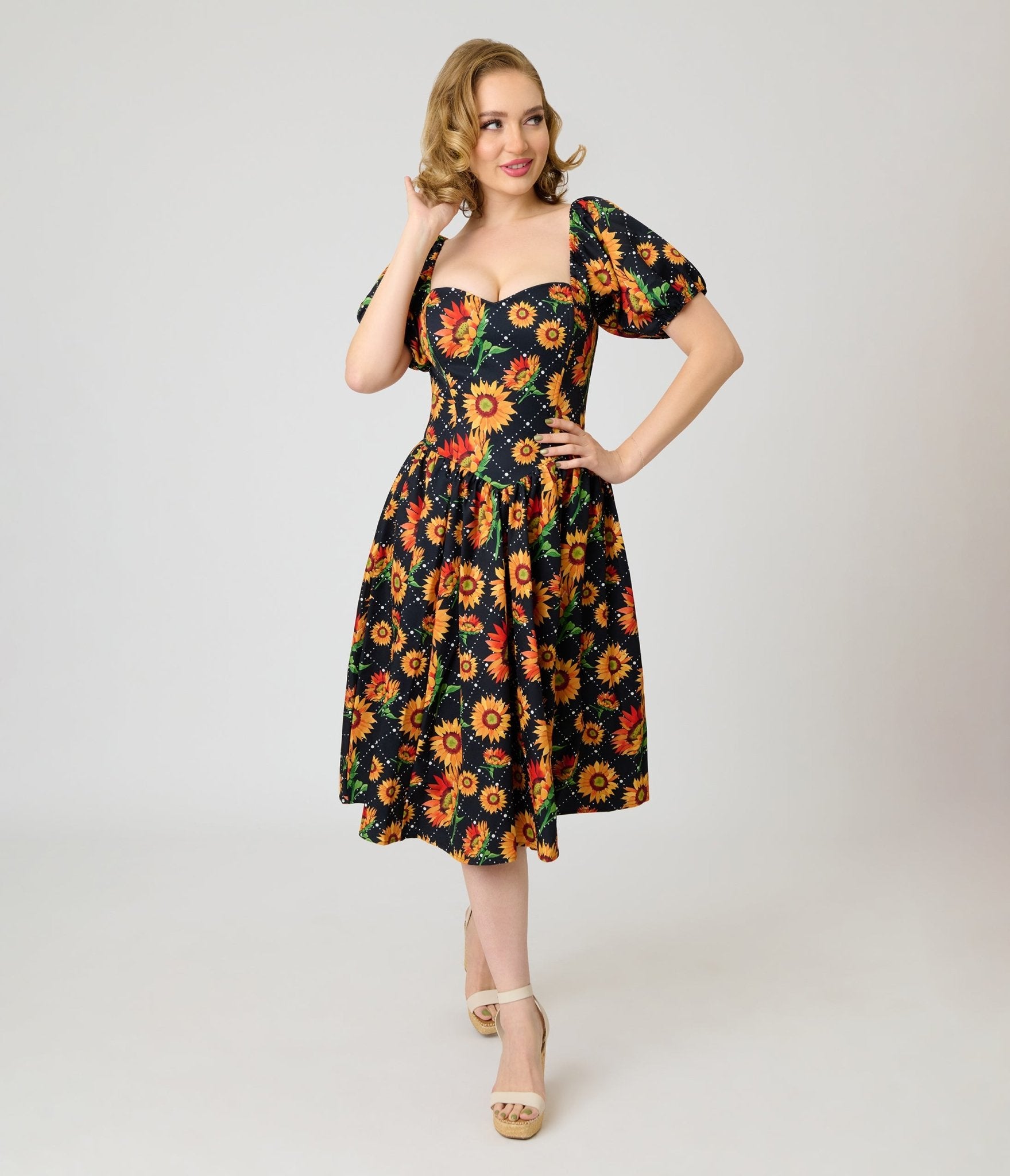 Smak Parlour Black & Sunflower Sweetheart Swing Dress XS/0-2