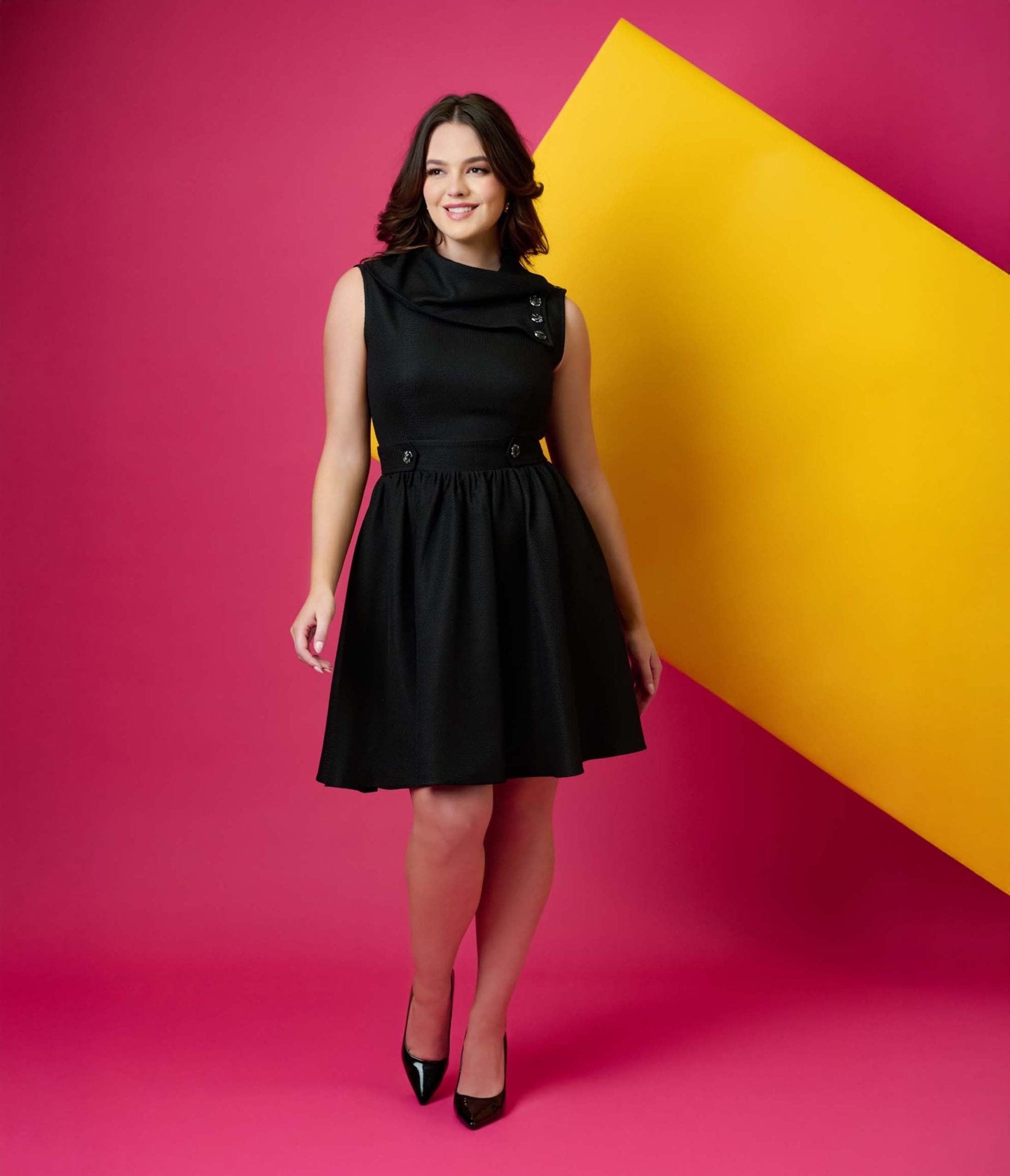 Smak Parlour Black Tweed Funnel Neck Fit & Flare Dress - Unique Vintage - Womens, DRESSES, FIT AND FLARE