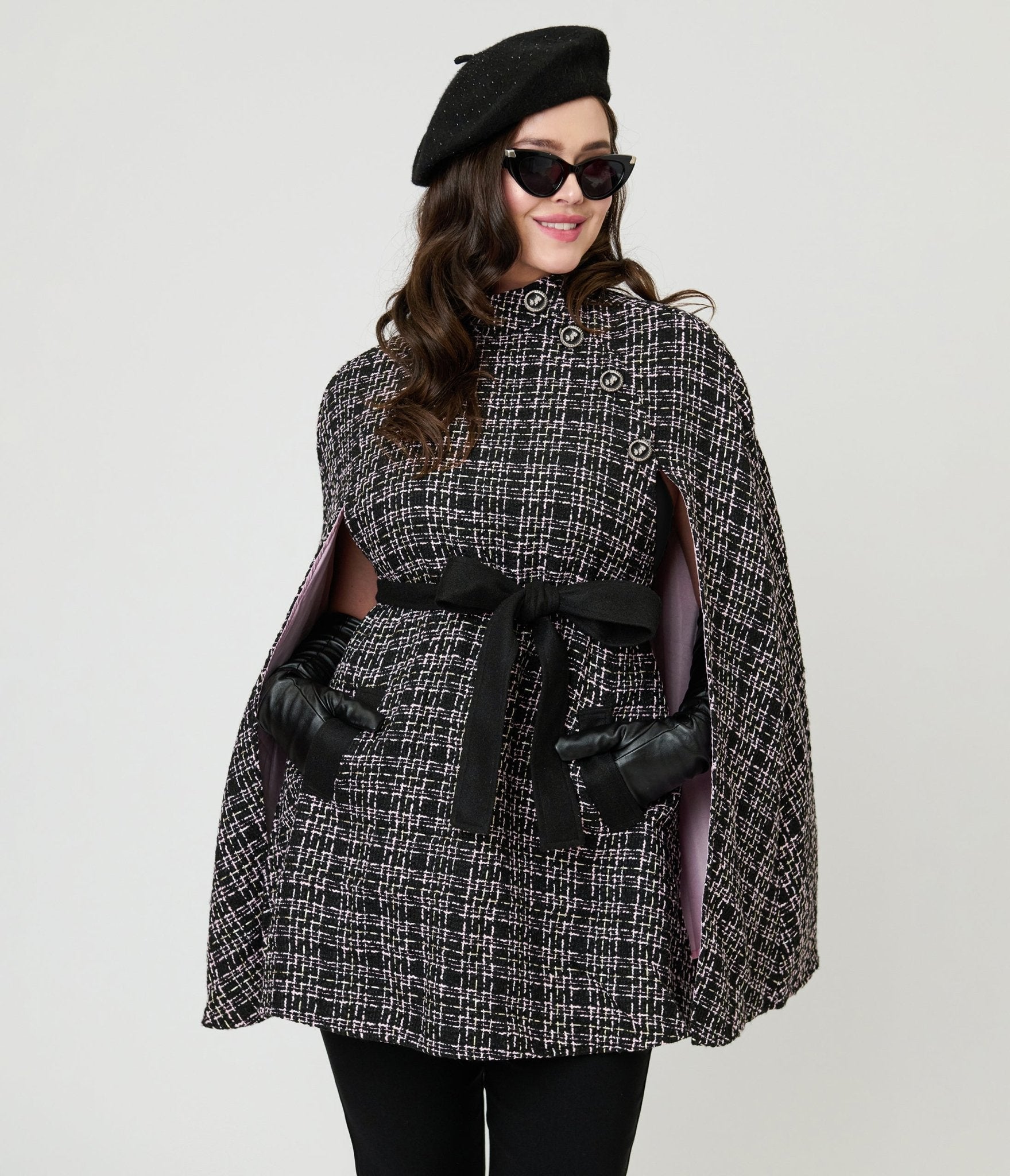 Smak Parlour Black Tweed Plaid Savile Row Cape Coat - Unique Vintage - Womens, TOPS, OUTERWEAR