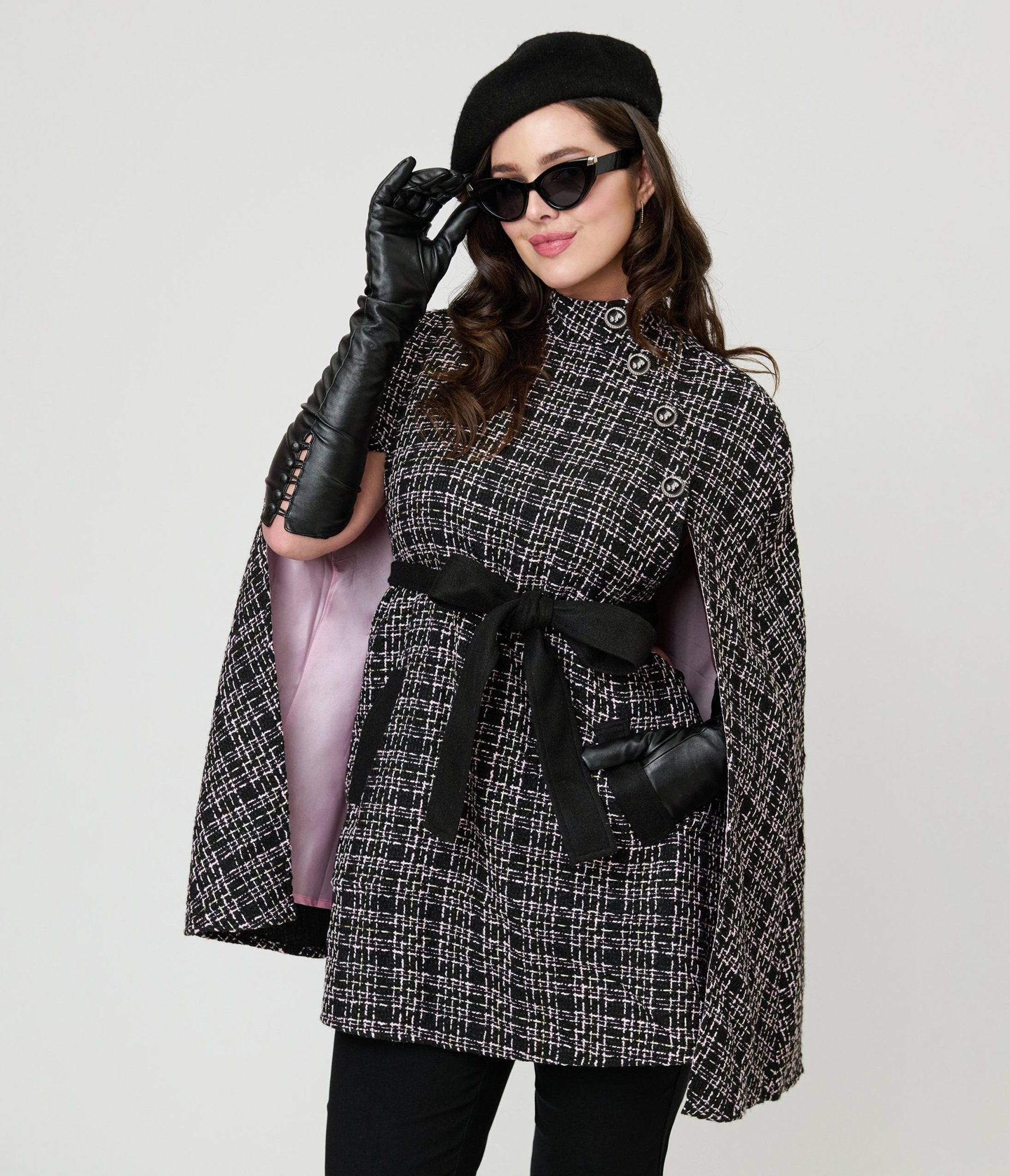 Smak Parlour Black Tweed Plaid Savile Row Cape Coat - Unique Vintage - Womens, TOPS, OUTERWEAR