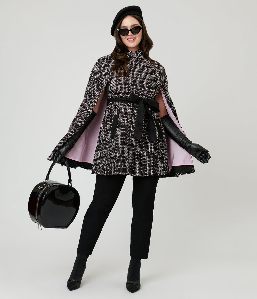 Smak Parlour Black Tweed Plaid Savile Row Cape Coat - Unique Vintage - Womens, TOPS, OUTERWEAR