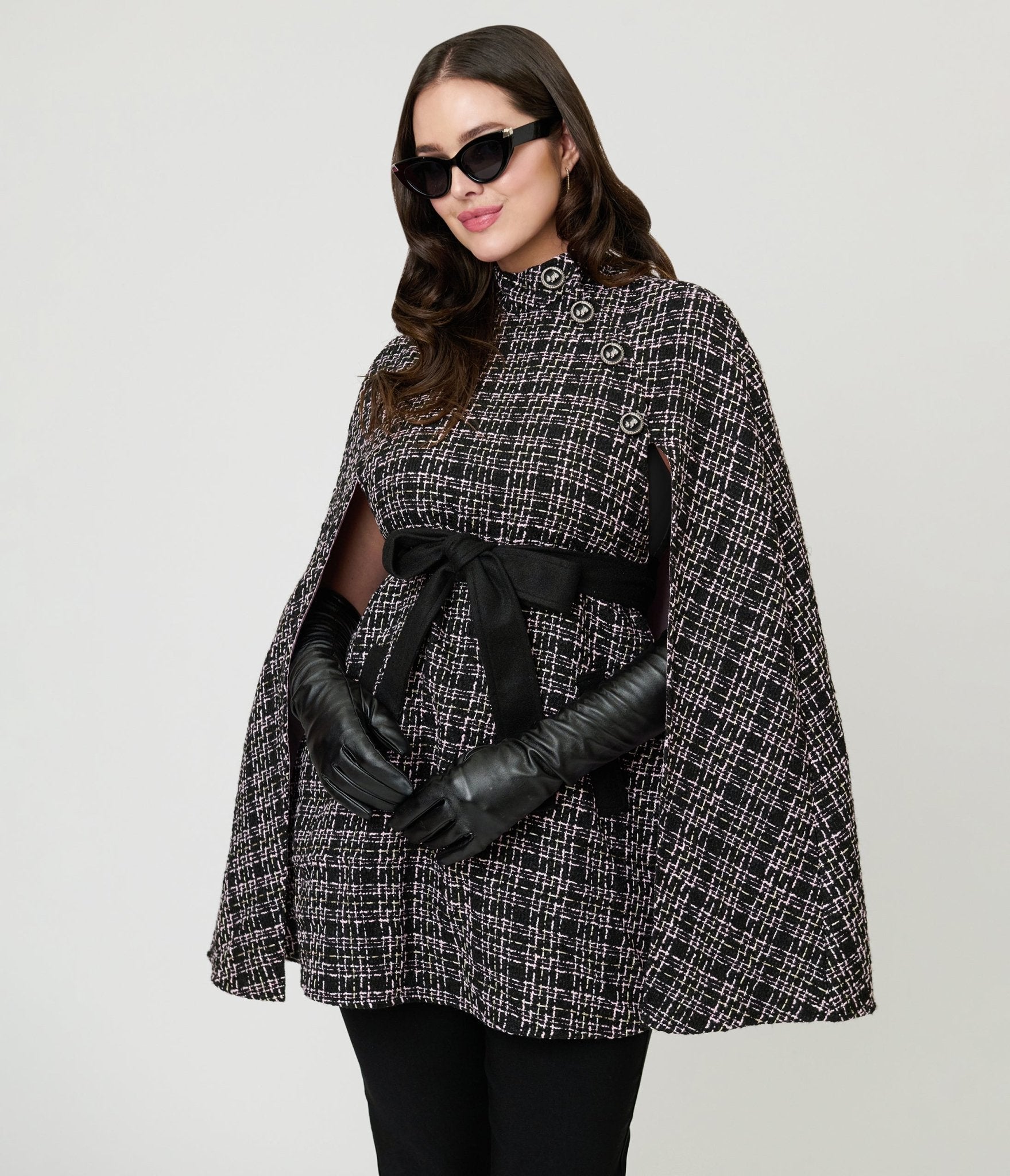 Smak Parlour Black Tweed Plaid Savile Row Cape Coat - Unique Vintage - Womens, TOPS, OUTERWEAR