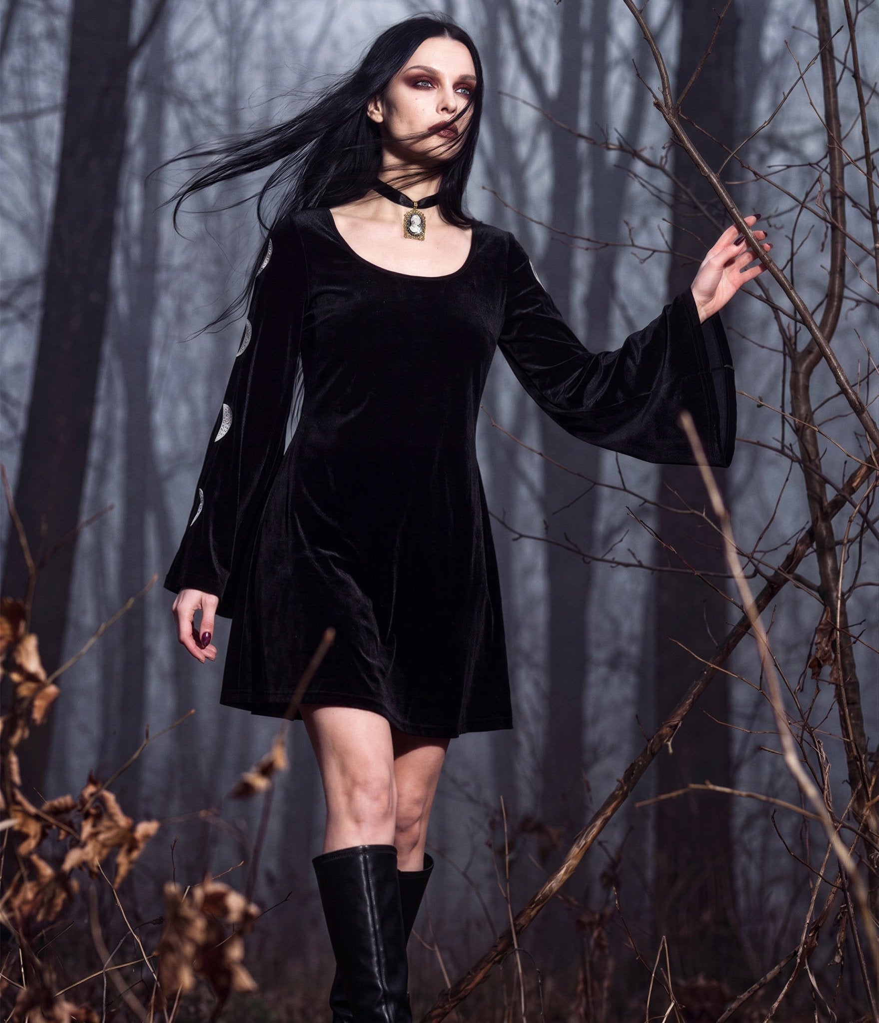 Smak Parlour Black Velvet Moon Cutout Bell Sleeve Mini Dress - Unique Vintage - Womens, DRESSES, FIT AND FLARE