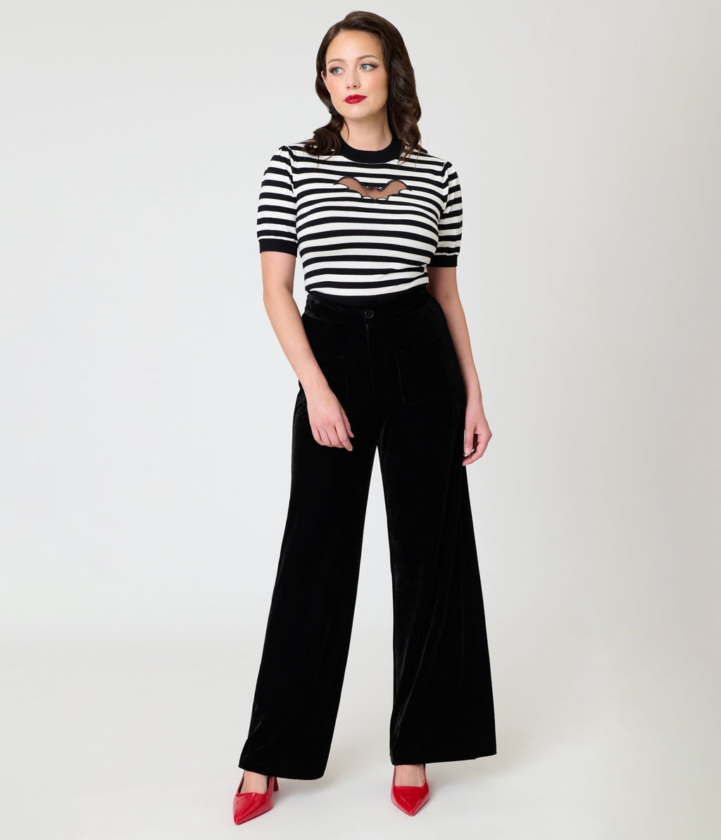 Smak Parlour Black Velvet Wide Leg Trousers - Unique Vintage - Womens, BOTTOMS, PANTS
