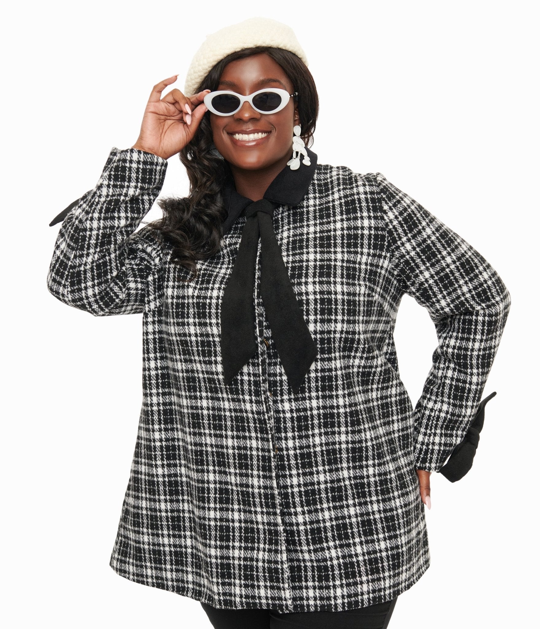 Smak Parlour Black & White Plaid Bows Topper Coat - Unique Vintage - Womens, TOPS, OUTERWEAR