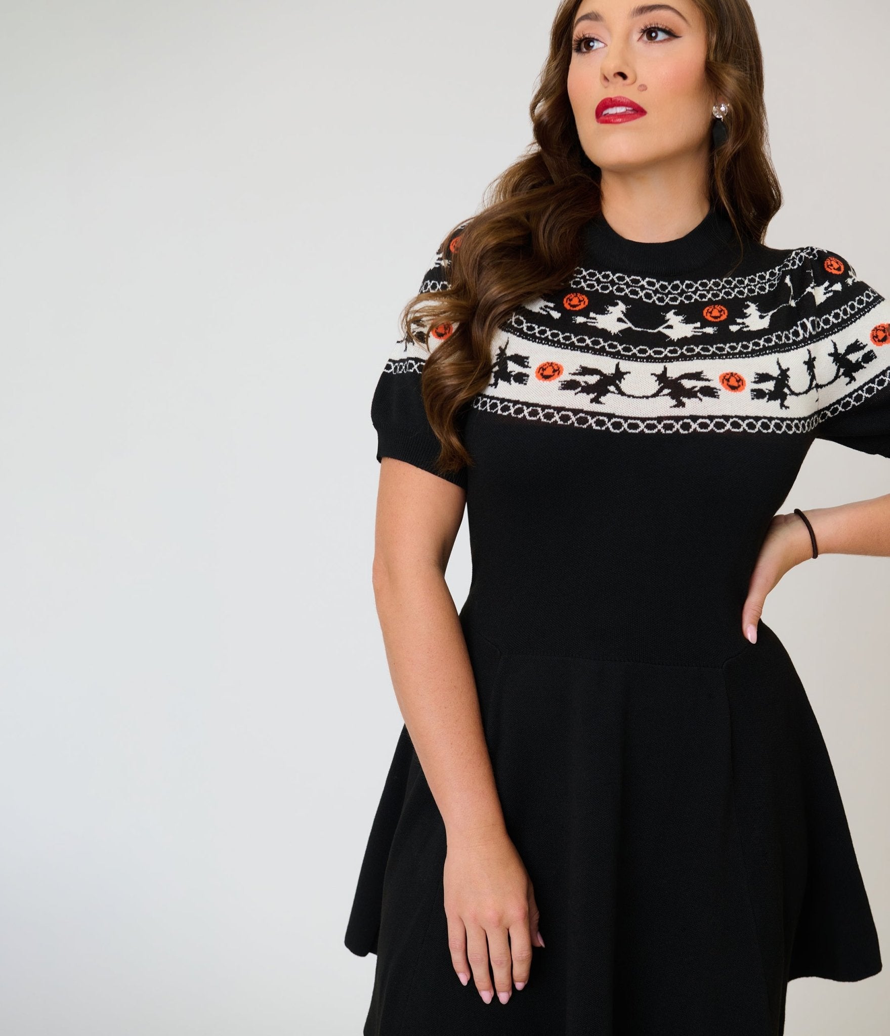 Smak Parlour Black Witch Fair Isle Tammy Flare Dress - Unique Vintage - Womens, DRESSES, FIT AND FLARE