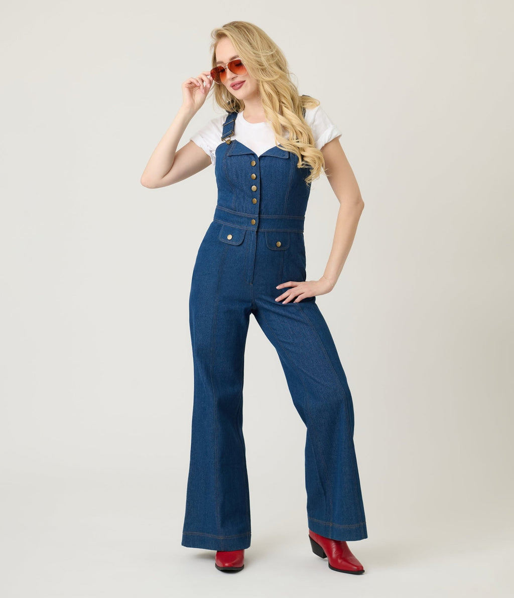 Smak Parlour Blue Denim Wide Leg Dungarees - Unique Vintage - Womens, BOTTOMS, ROMPERS AND JUMPSUITS