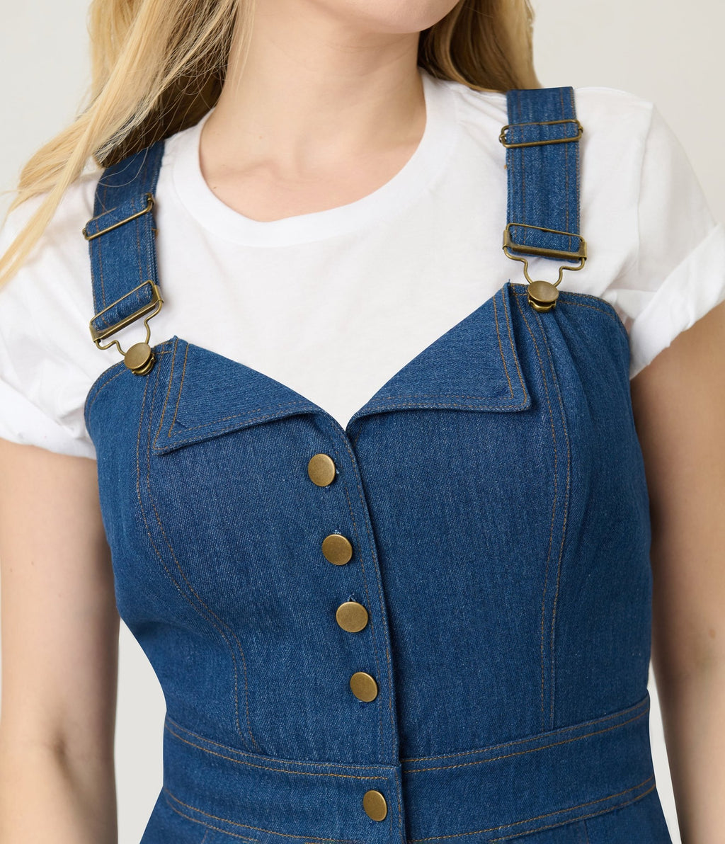 Smak Parlour Blue Denim Wide Leg Dungarees - Unique Vintage - Womens, BOTTOMS, ROMPERS AND JUMPSUITS