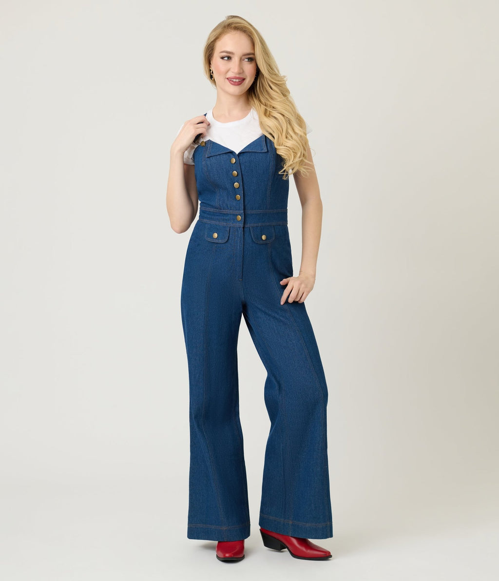 Smak Parlour Blue Denim Wide Leg Dungarees - Unique Vintage - Womens, BOTTOMS, ROMPERS AND JUMPSUITS