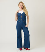 Smak Parlour Blue Denim Wide Leg Dungarees - Unique Vintage - Womens, BOTTOMS, ROMPERS AND JUMPSUITS