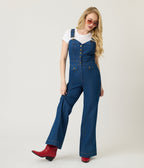 Smak Parlour Blue Denim Wide Leg Dungarees - Unique Vintage - Womens, BOTTOMS, ROMPERS AND JUMPSUITS