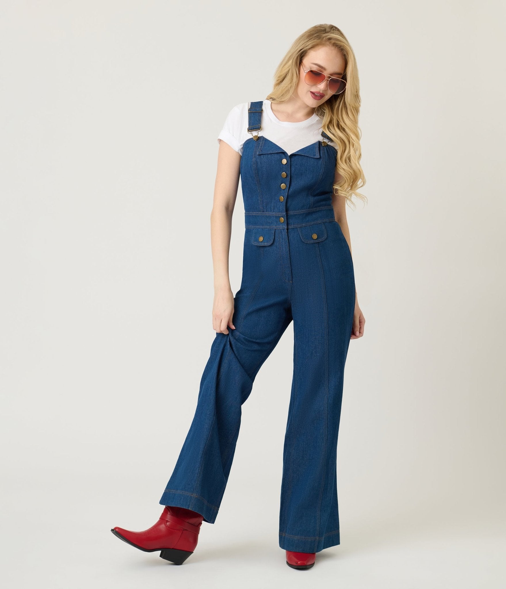 Smak Parlour Blue Denim Wide Leg Dungarees - Unique Vintage - Womens, BOTTOMS, ROMPERS AND JUMPSUITS