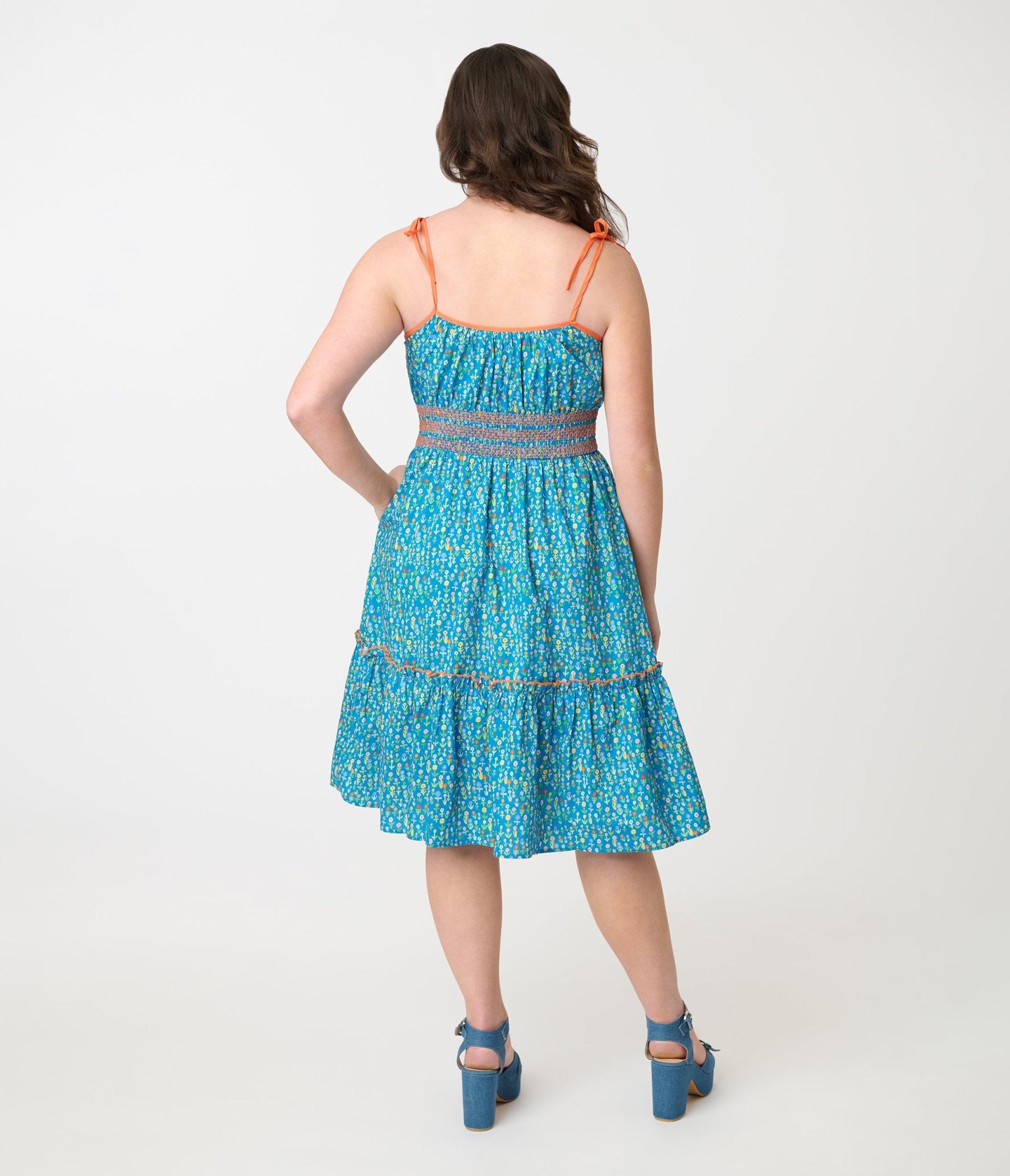 Smak Parlour Blue Ditsy Floral Tiered Cotton Flare Dress - Unique Vintage - Womens, DRESSES, FIT AND FLARE