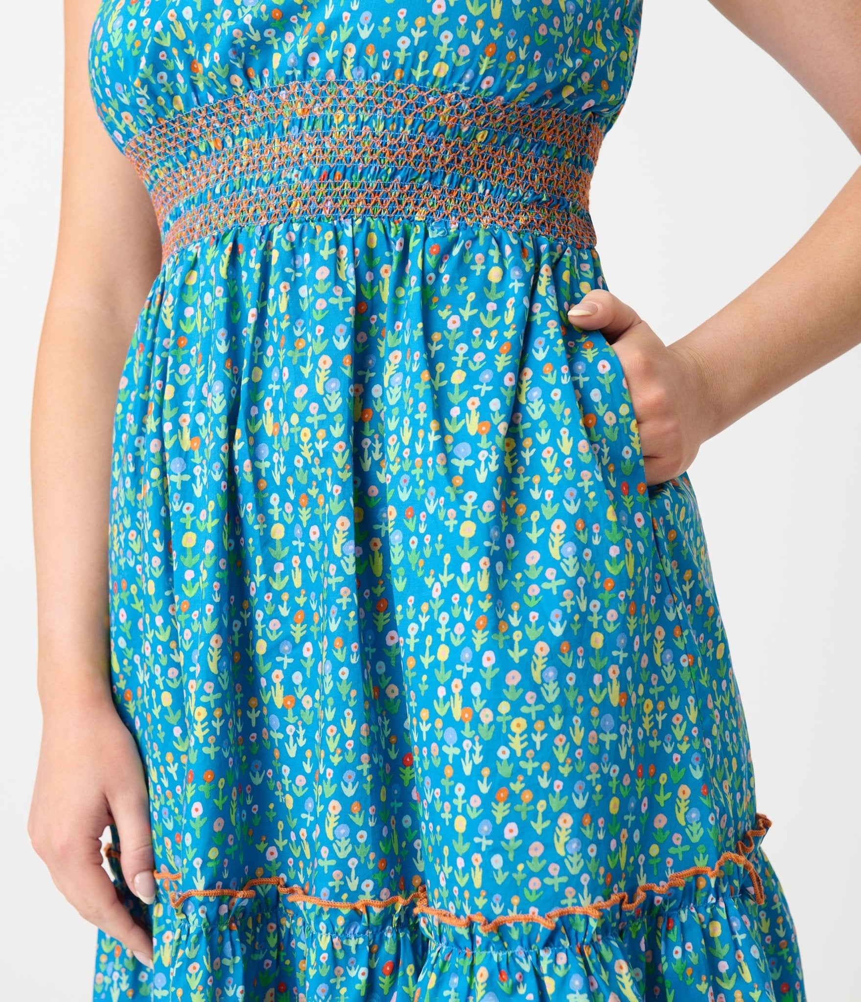 Smak Parlour Blue Ditsy Floral Tiered Cotton Flare Dress - Unique Vintage - Womens, DRESSES, FIT AND FLARE