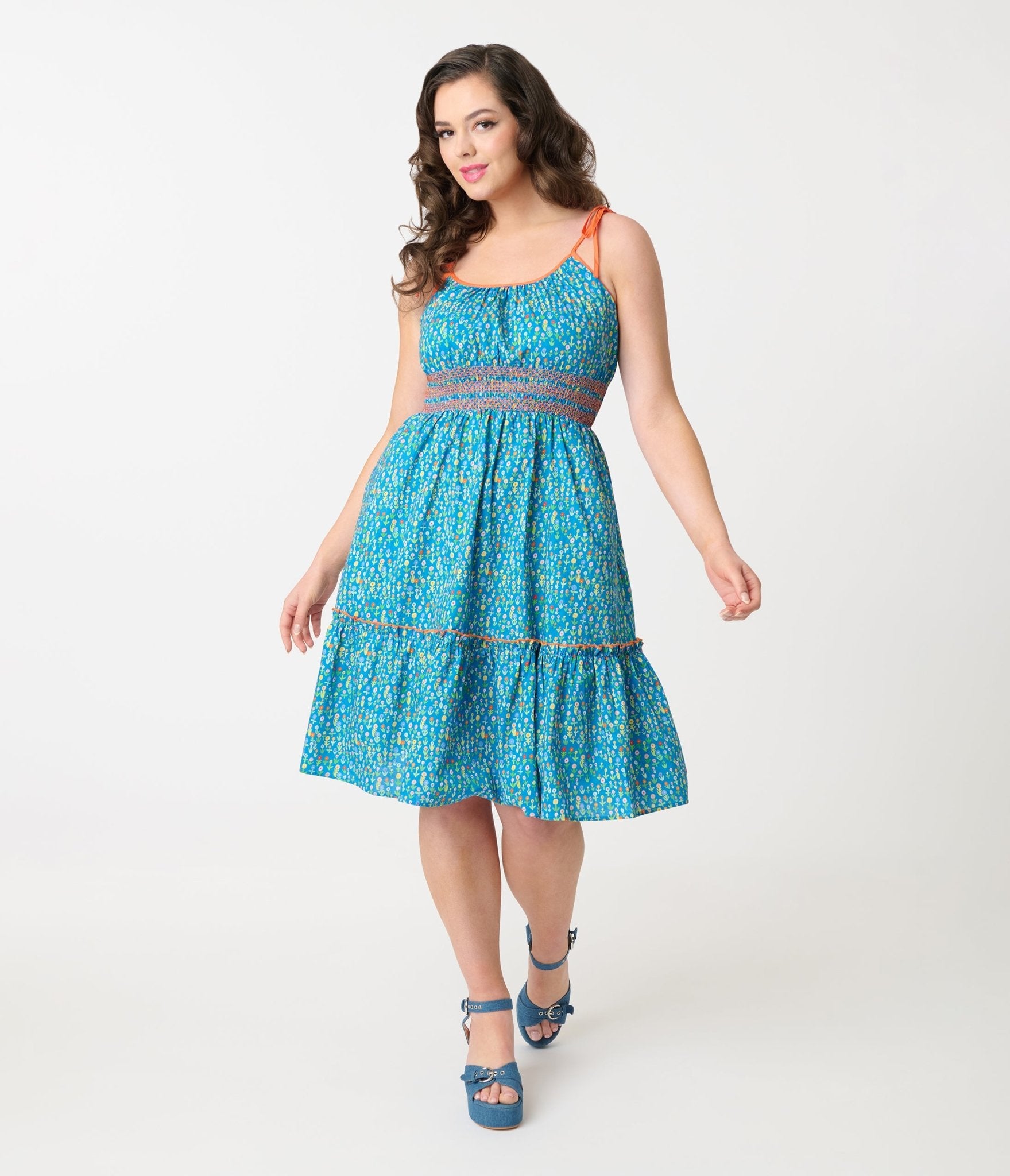 Smak Parlour Blue Ditsy Floral Tiered Cotton Flare Dress - Unique Vintage - Womens, DRESSES, FIT AND FLARE