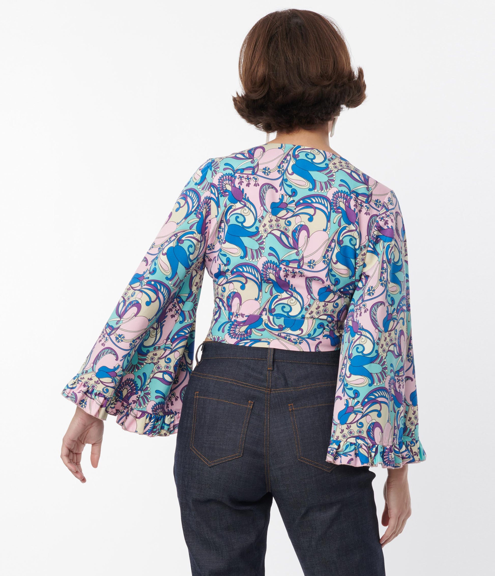 Smak Parlour Blue & Purple Psychedelic Floral Belva Crop Blouse - Unique Vintage - Womens, TOPS, WOVEN TOPS