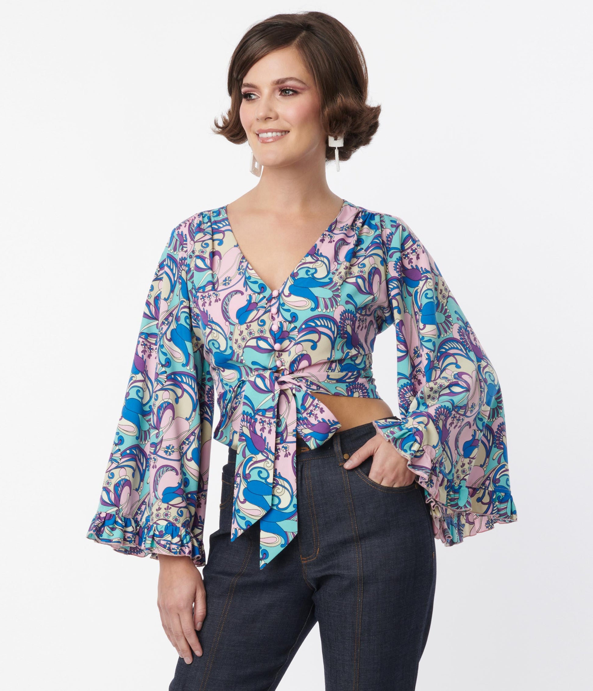 Smak Parlour Blue & Purple Psychedelic Floral Belva Crop Blouse - Unique Vintage - Womens, TOPS, WOVEN TOPS