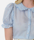 Smak Parlour Blue & White Striped Puff Sleeve Blouse - Unique Vintage - Womens, TOPS, WOVEN TOPS