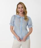 Smak Parlour Blue & White Striped Puff Sleeve Blouse - Unique Vintage - Womens, TOPS, WOVEN TOPS