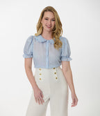 Smak Parlour Blue & White Striped Puff Sleeve Blouse - Unique Vintage - Womens, TOPS, WOVEN TOPS