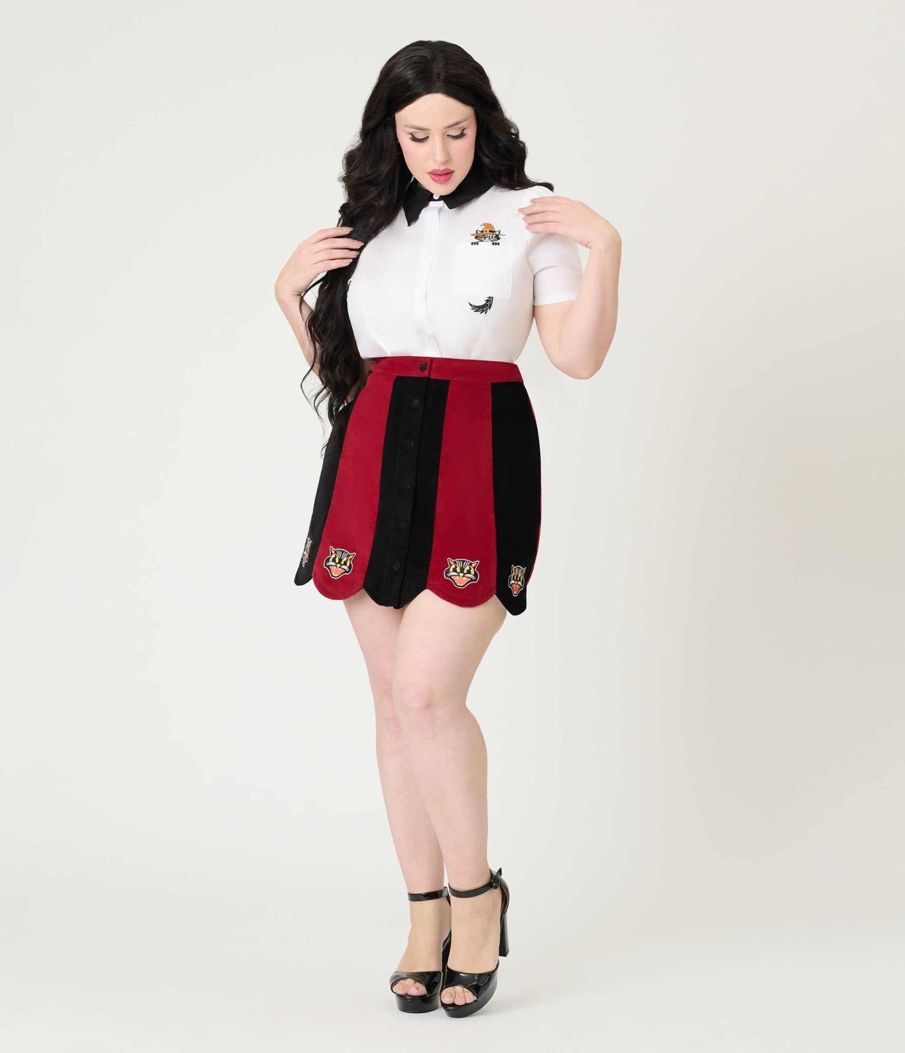 Smak Parlour Burgundy & Black Stripe Spooky Cat Corduroy Mini Skirt - Unique Vintage - Womens, BOTTOMS, SKIRTS